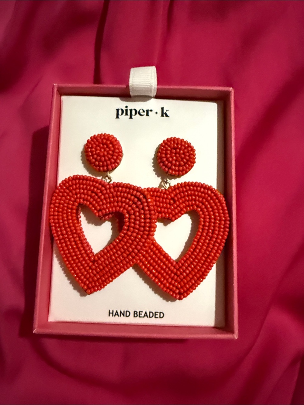 Piper Red Hand-Beaded Double Heart Drop Earrings